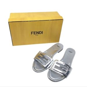 Fendi Baguette Metallic FF Logo Silver Slide Leather Sandals Size EU 40